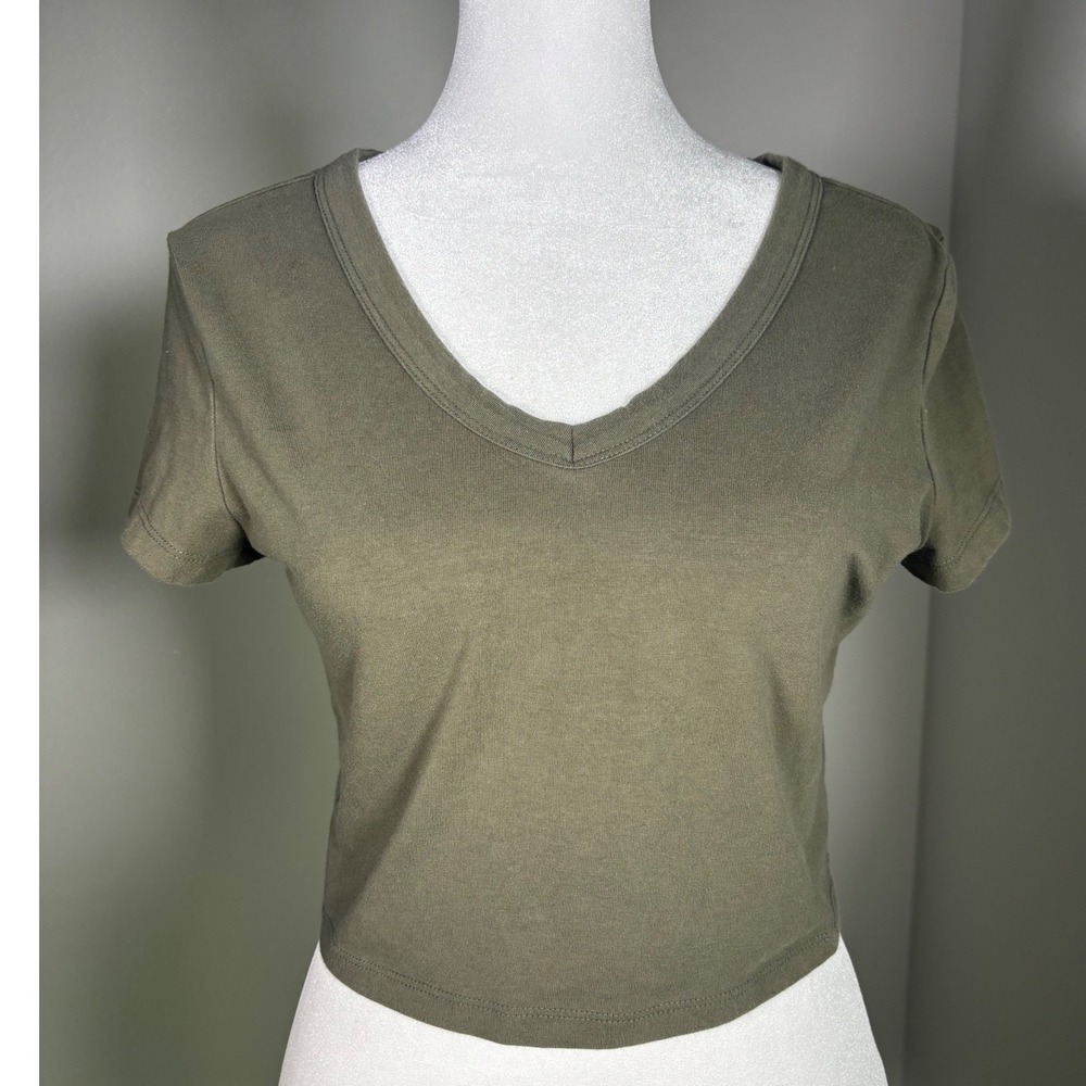 Womens Olive Green V-Neck Short Sleeve Crop Top Grunge Streetwear M Wild Fable